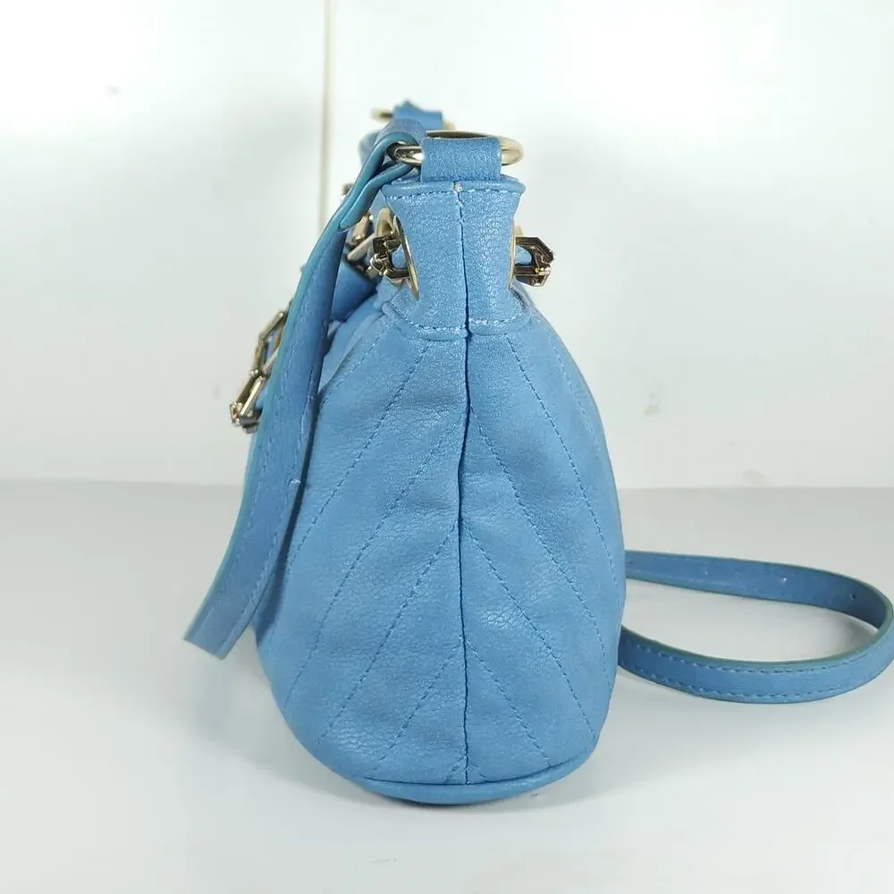 Free People Blue Faux Leather Gold Chain Drawstring Mini Bucket Bag Crossbody